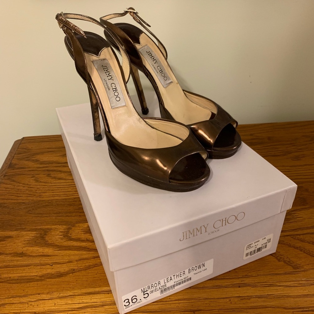 Jimmy Choo Mirror Brown Peep Toe Sandal Pumps